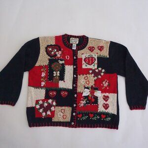 Vintage Heirloom Black Red Knit Heart Bows Floral Patchwork Cardigan XL